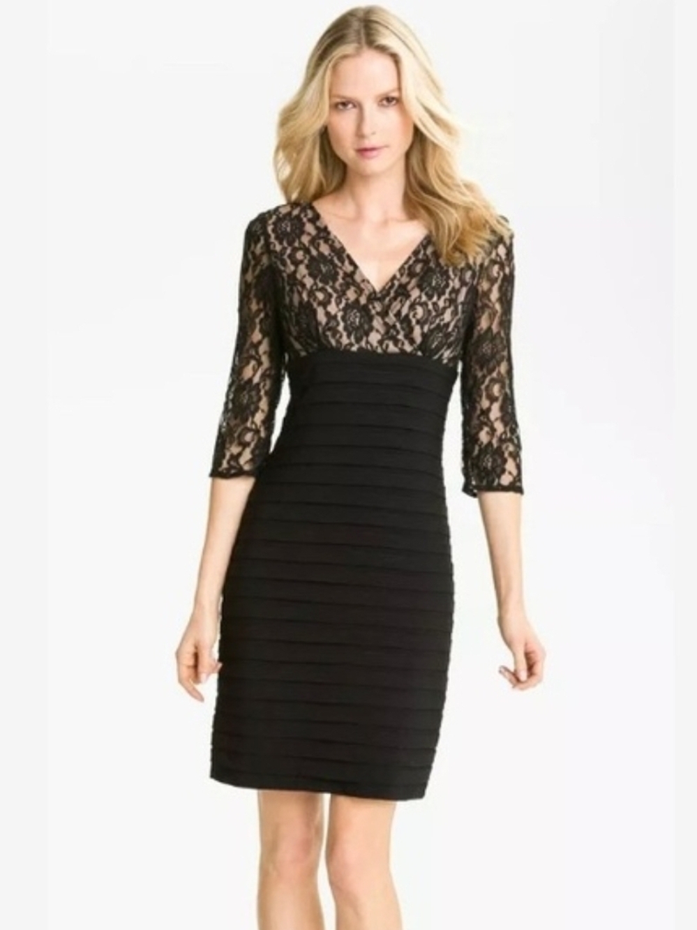 Adrianna Papell Black Lace V-Neck Sheath Dress Size 10 PETITE